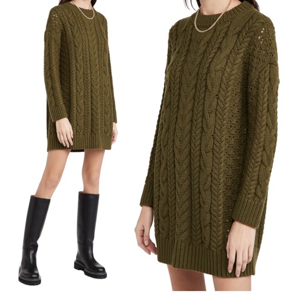 Alice + Olivia Lennie Cable-Knit Wool Mini Dress Olive Green - Picture 1 of 8